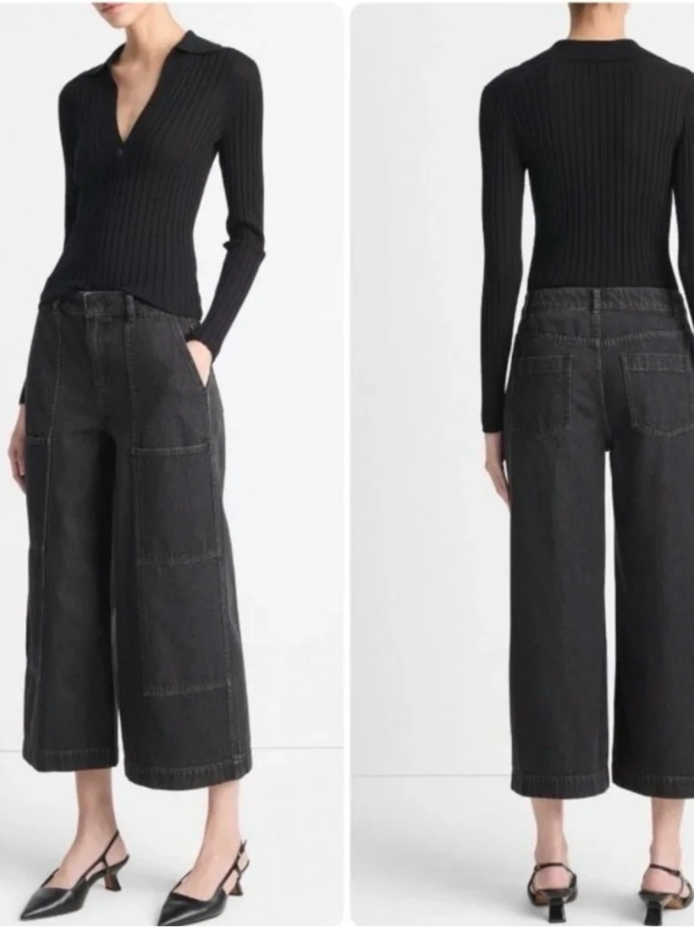 Vince Utility Wide Leg Cropped Cargo Black Women Jeans